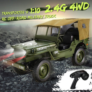 JJRC Q65 1:10 RC Military Truck Off-Road Remote Control Climbing Toy Car with Canopy Cloth LED Light Four-Wheel Drive 15km/h
